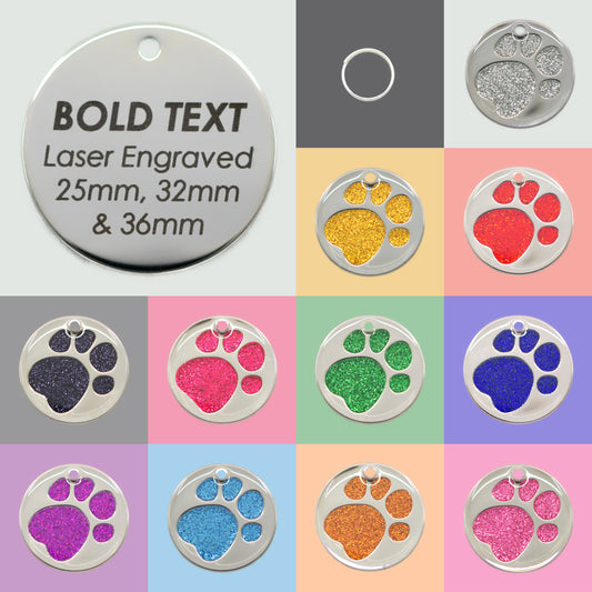 Glitter Paw Print Pet Tags (25mm, 32mm & 36mm)